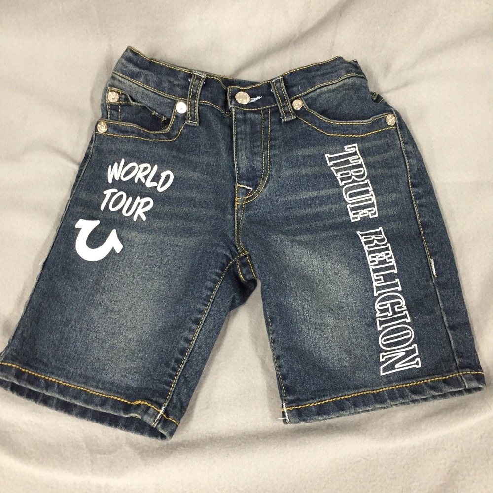 True Religion Boys Ricky Relaxed Straight Denim Shorts‎ Blue World Tour Size 10